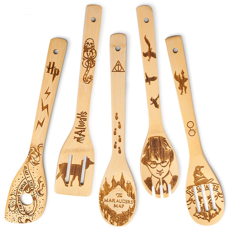 Puluole 5 PCS Wooden Spoons Cooking UtensilsHarry Potter Baking DecorationHP Bamboo Spatula for Farmhouse Kitchen AccessoriesGifts for Housewarming Wedding Valentines Day
