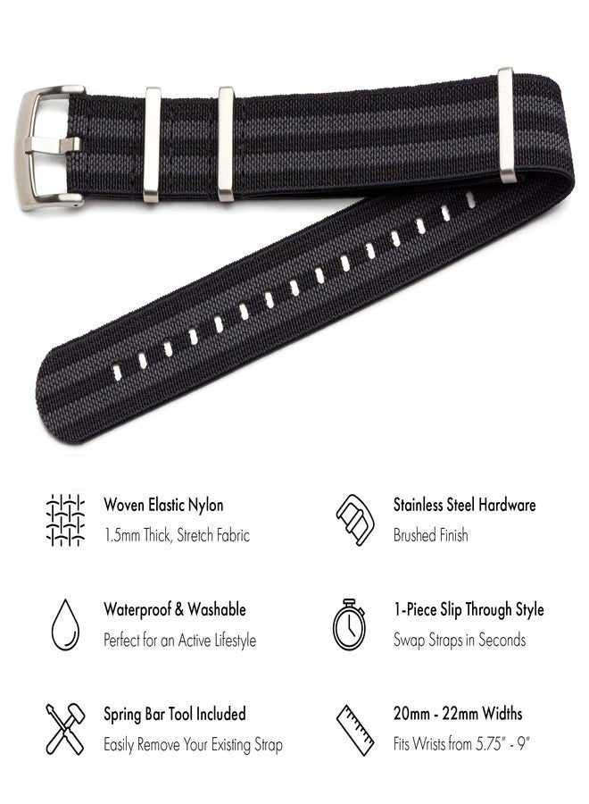 Benchmark Basics Elastic Watch Band - Parachute Nylon One-Piece Military Style Watch Straps for Men & Women - Choice of Color & Width - 20mm or 22mm, Black / Grey Striped, 20mm, Military - Image 2