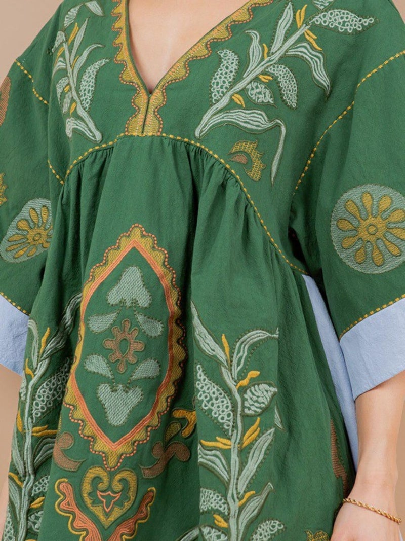Joiemont Womens Oversized Embroidered Dress with V-Neck and 3/4 Sleeves Vintage Embroidery Babydoll Dress(0603-Green-L) - Image 4