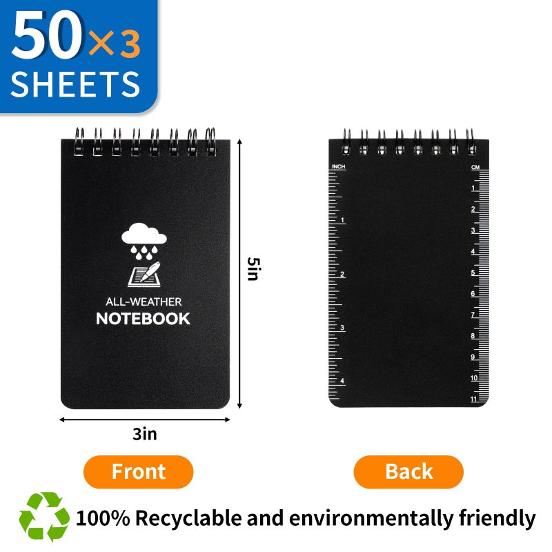COIDEA 3 Pack Waterproof Notebook, 3 x 5 Pocket Notepad, All Weather Small Pocket Notebook Paper, Mini Spiral Notepad Police Notepad 100 Lined Pages for Outdoor Office - Image 2