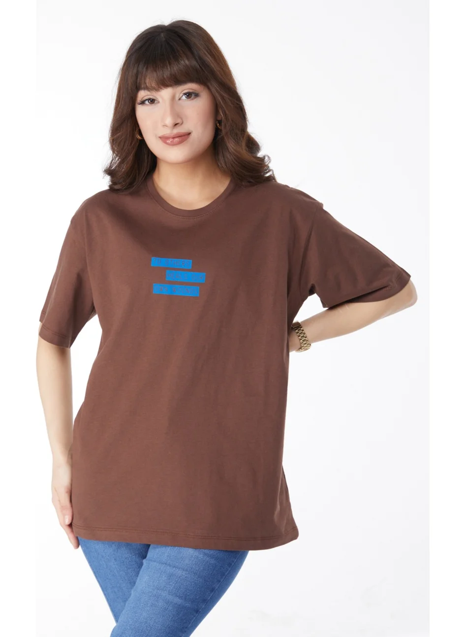 Tofisa Plain Crew Neck Women's Brown Printed T-Shirt - 25172