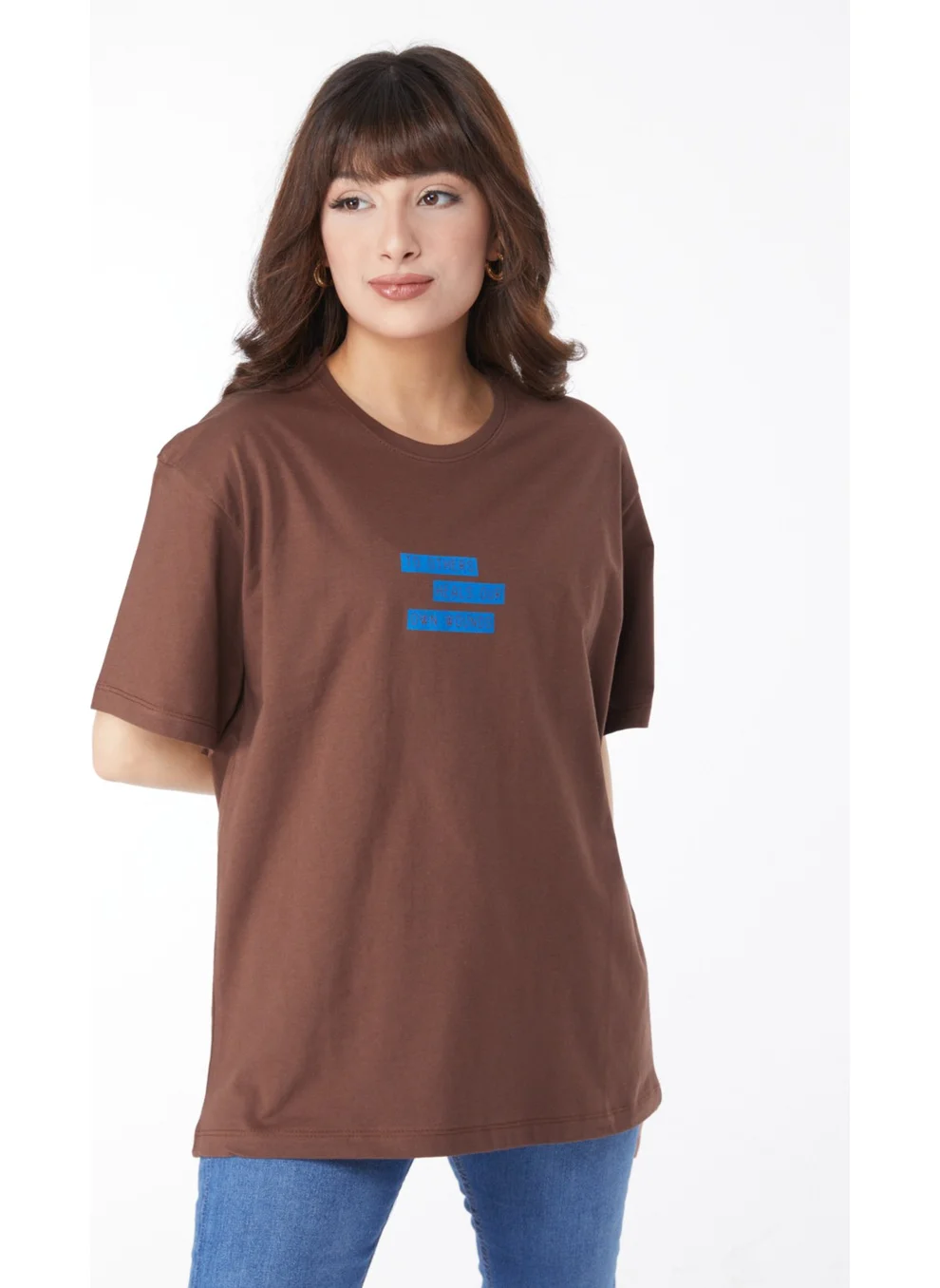 Tofisa Plain Crew Neck Women's Brown Printed T-Shirt - 25172