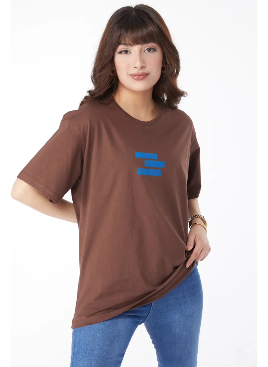 Tofisa Plain Crew Neck Women's Brown Printed T-Shirt - 25172