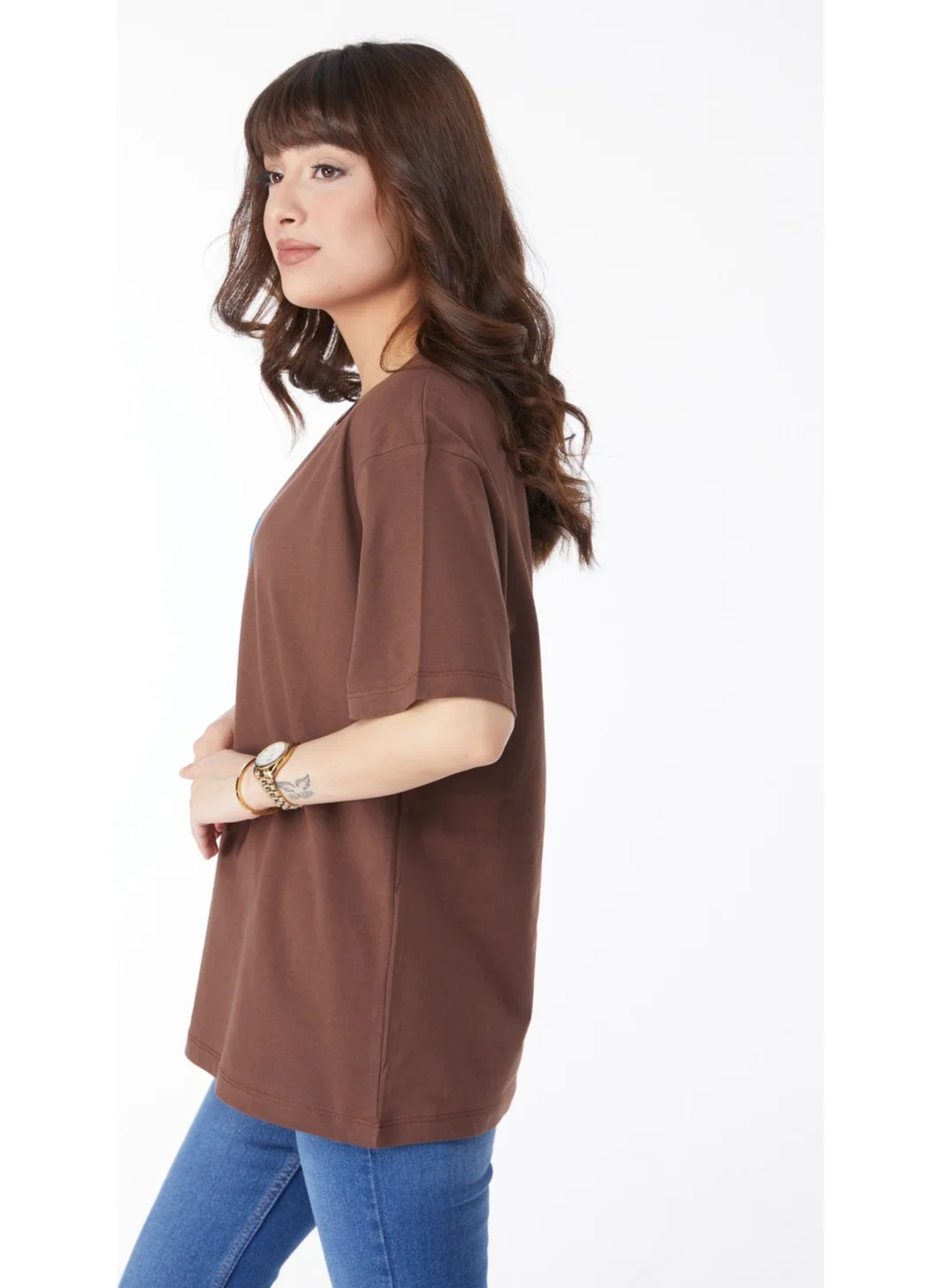 Tofisa Plain Crew Neck Women's Brown Printed T-Shirt - 25172