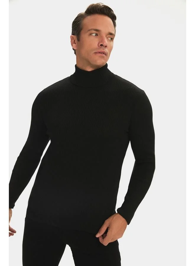 جون June Men Slim Fit Turtleneck Ribbed Knit Sweater Black
