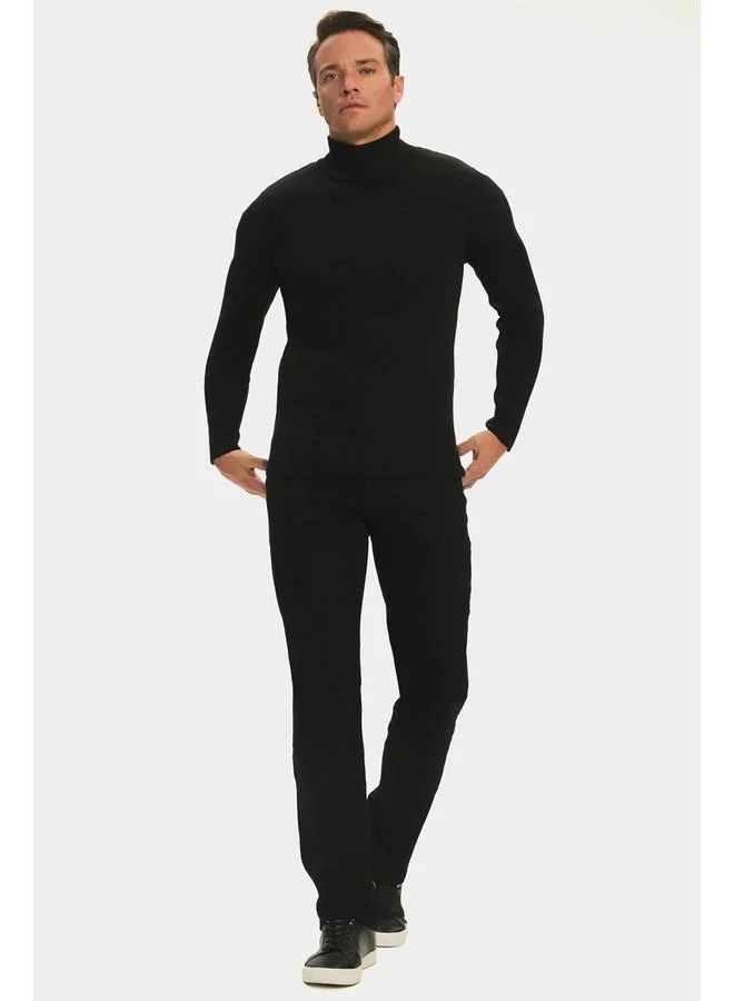 جون June Men Slim Fit Turtleneck Ribbed Knit Sweater Black
