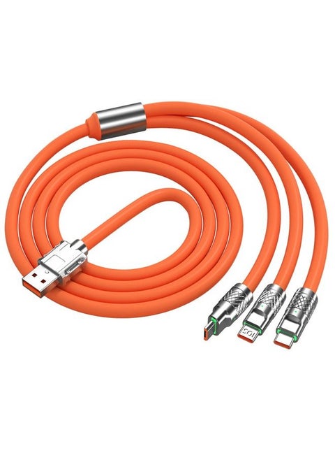 6A Hight Current 3 in 1 Fast Charger Cord Multi Function Charging Cable120W, 1.2 Meter Super Soft Silicone Universal USB Charging Cable Adapter with Lightning/Type C/USB Port(Orange)