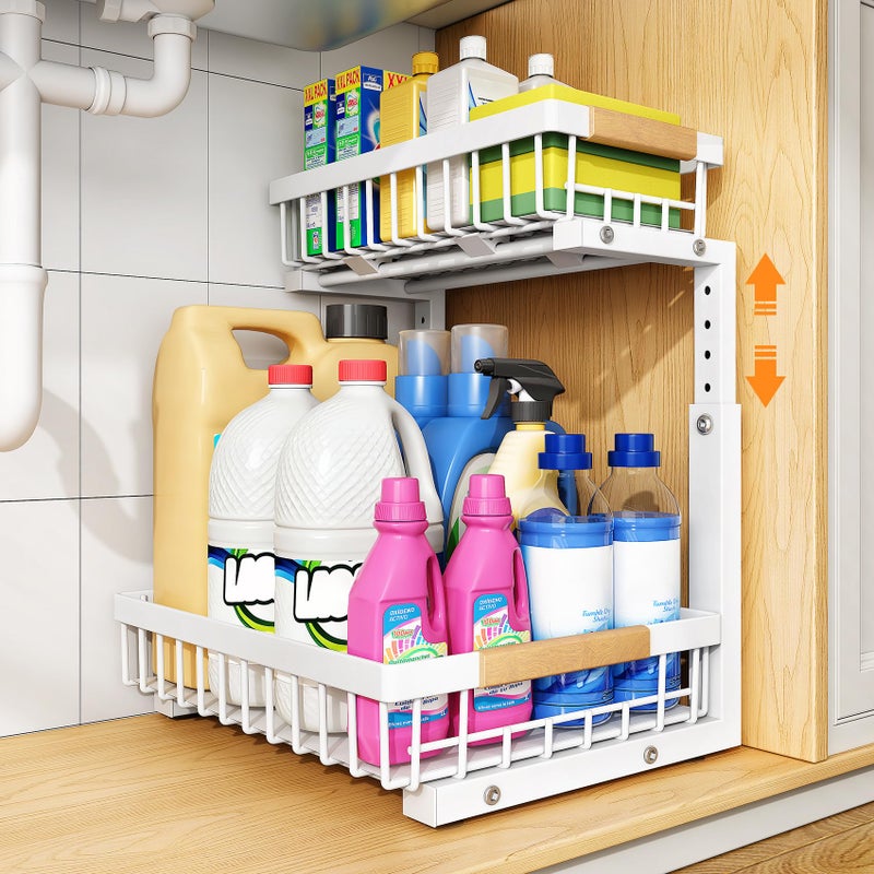 PXRACK Under Sink Organizer, Adjustable Height, 2 Tier Pull Out Under Cabinet Organizer, Slide Out Thickened Metal Under Sink Storage for Kitchen Bathroom Laundry Pantry Cabinet, White, Large-1-Pack - Image 1