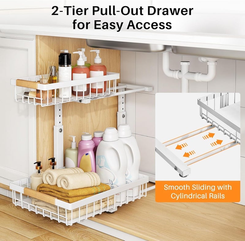 PXRACK Under Sink Organizer, Adjustable Height, 2 Tier Pull Out Under Cabinet Organizer, Slide Out Thickened Metal Under Sink Storage for Kitchen Bathroom Laundry Pantry Cabinet, White, Large-1-Pack - Image 3