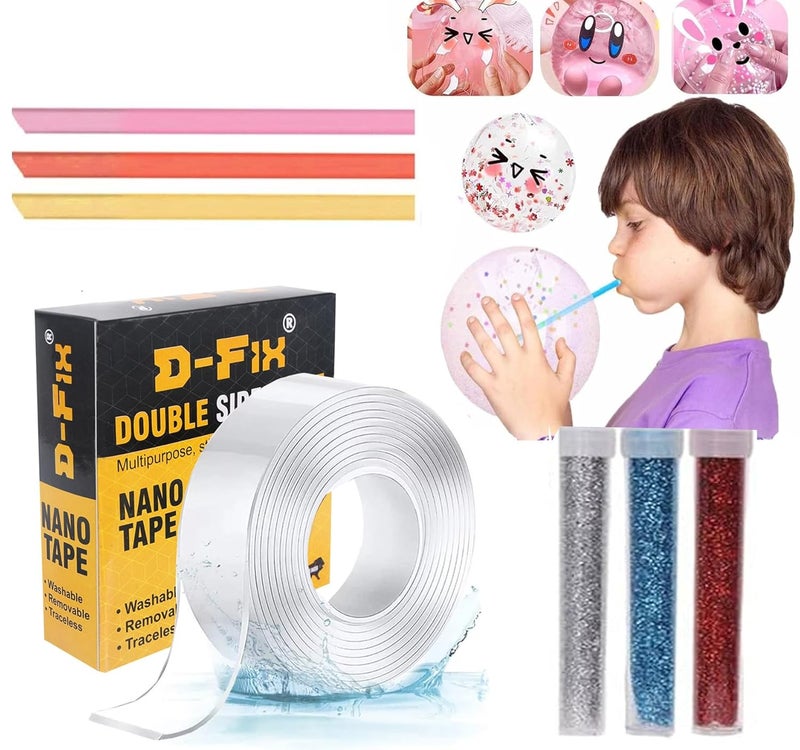 D-Fix شريط نانو مع 3 رقائق لامعة 3 نجوم قشة للبالون شريط لاصق مزدوج الجوانب لاصق قوي قابل للغسل وإعادة الاستخدام متعدد الألوان فن وحرف قلب وقمر مجموعة (DIY-KIT) - Image 1