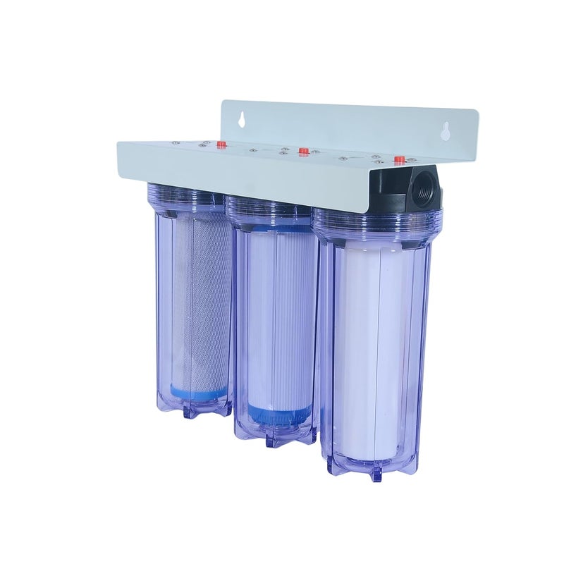 RiverSoft نظام ما قبل الفلترة ثلاثي المراحل مع مشبك تثبيت مدمج | خراطيش PP Spun و CTO و GAC | فلتر متصل/تحت الحوض (هيكل شفاف، مدخل/مخرج 1 بوصة) - Image 2
