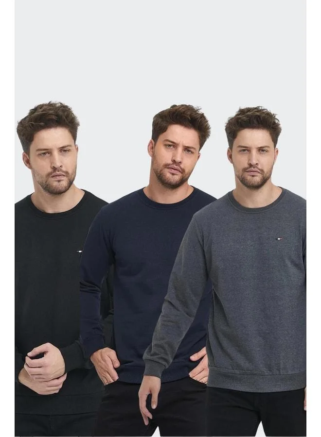 Men's Black-Navy-Anthracite Bike Collar Embroidered Detailed Regular Fit 3-Piece Sweatshirt.