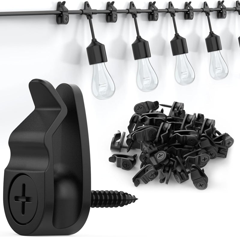 Lewufe Outdoor String Lights Clips, Weatherproof Cable Hanger Hooks for Hanging Fairy Lights, Holiday Decor - Black, 50 Pack - Image 1