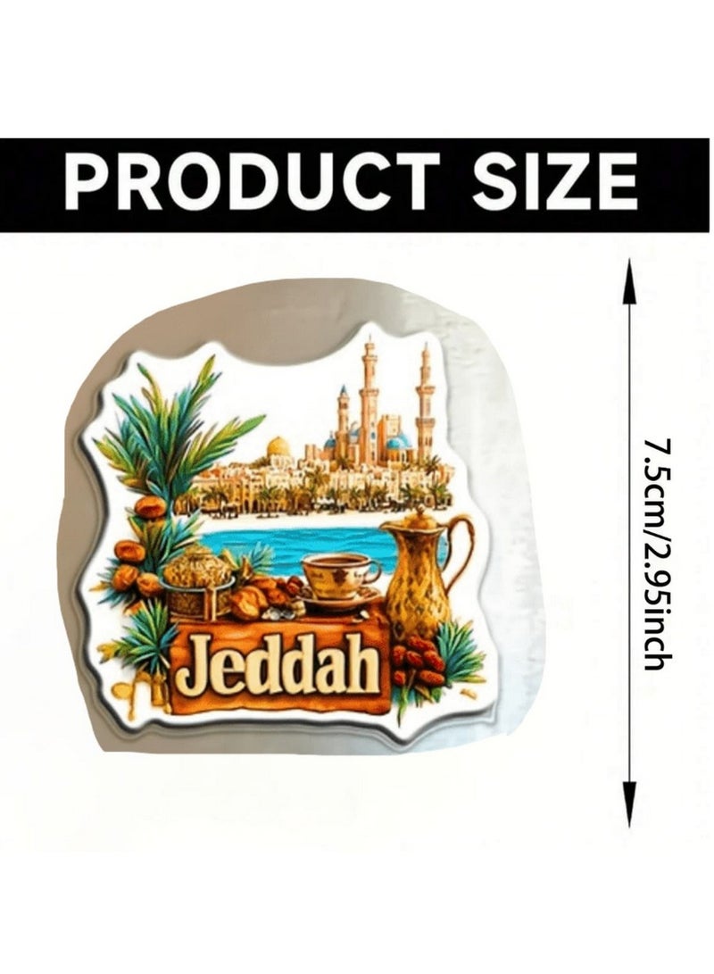 مغناطيس تذكاري لمدينة جدة - تصميم أكريليك 7.5 سم، يضم مناظر المدينة وأشجار النخيل والبحر الأحمر - Image 1