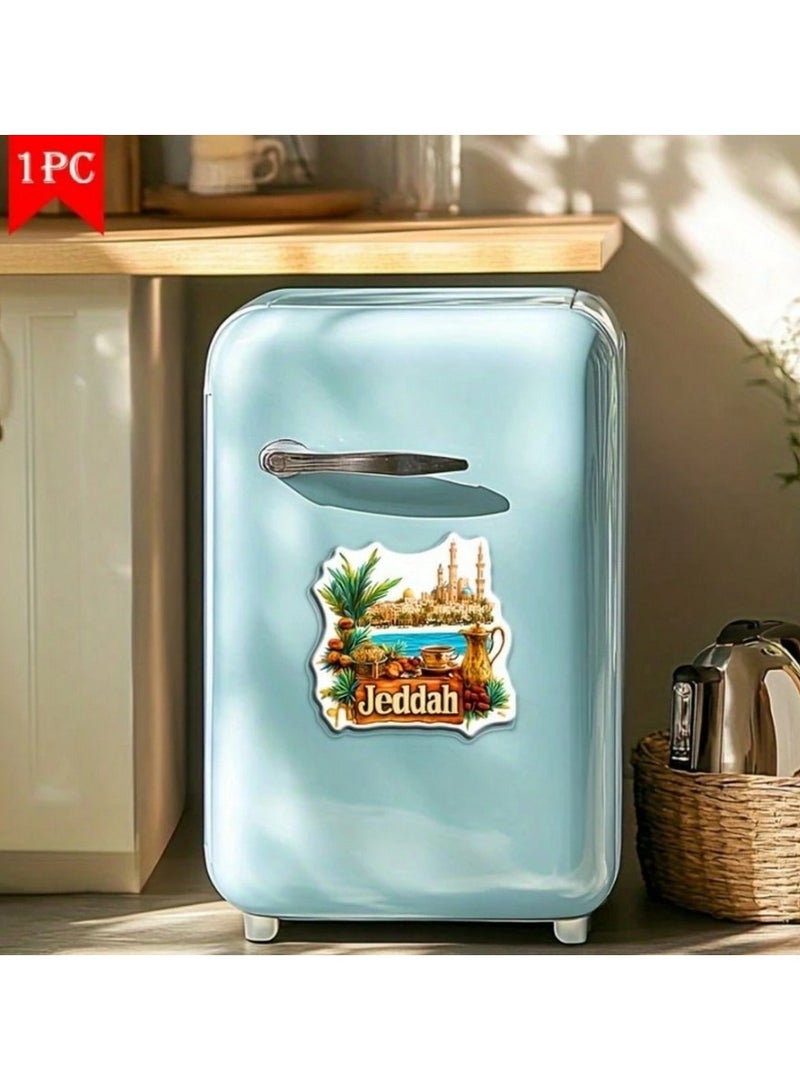 مغناطيس تذكاري لمدينة جدة - تصميم أكريليك 7.5 سم، يضم مناظر المدينة وأشجار النخيل والبحر الأحمر - Image 2