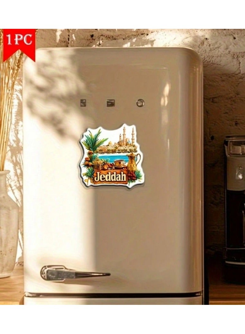 مغناطيس تذكاري لمدينة جدة - تصميم أكريليك 7.5 سم، يضم مناظر المدينة وأشجار النخيل والبحر الأحمر - Image 3