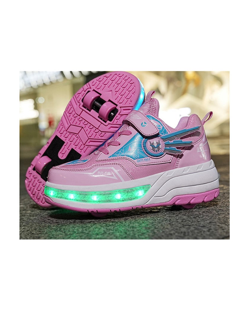 إسكدنيا USB Charging LED Flash Walking Shoes Boys And Girls Children Roller Skates Pink - Image 2