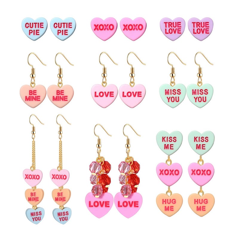 ARATLENCH Valentines Earrings for Women Valentine Heart Earrings Set Red Pink Conversation Hearts XO XO LOVE Earrings Valentineâ€™s Holiday Gift (9 pairs valentine earrings B) - Image 1