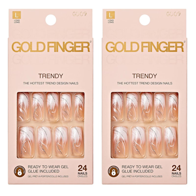 Gold Finger False Nails Gel Glam Design Full Cover Fake Nails Long Length 2 PACK