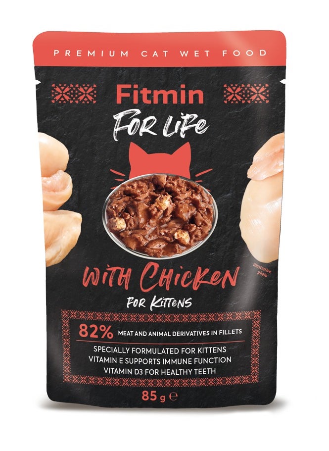 Fitmin - Wet Cat Food With Chicken Flavor For Adult Cats, Vitamin E And D3, Small Bag Weighing 85 Grams - Image 1