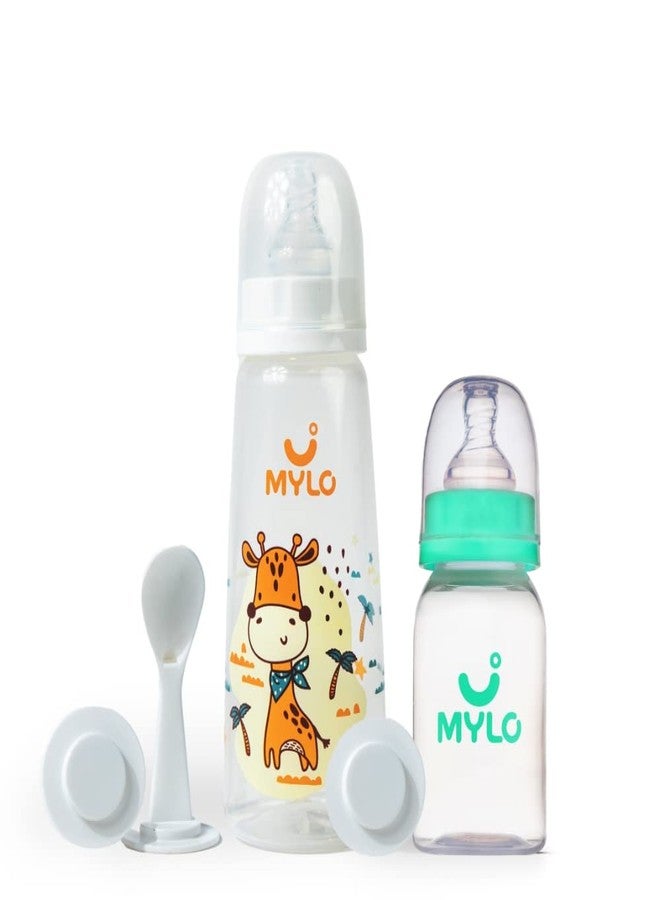 Mylo Baby 2 in 1 Feeding Bottles with Spoon for New Born Baby (125ml + 250ml) | Anti Colic & BPA Free Feeding Bottles | Feels Natural Baby Bottle | Easy Flow Neck Design- Sea Green + Giraffe - Image 1