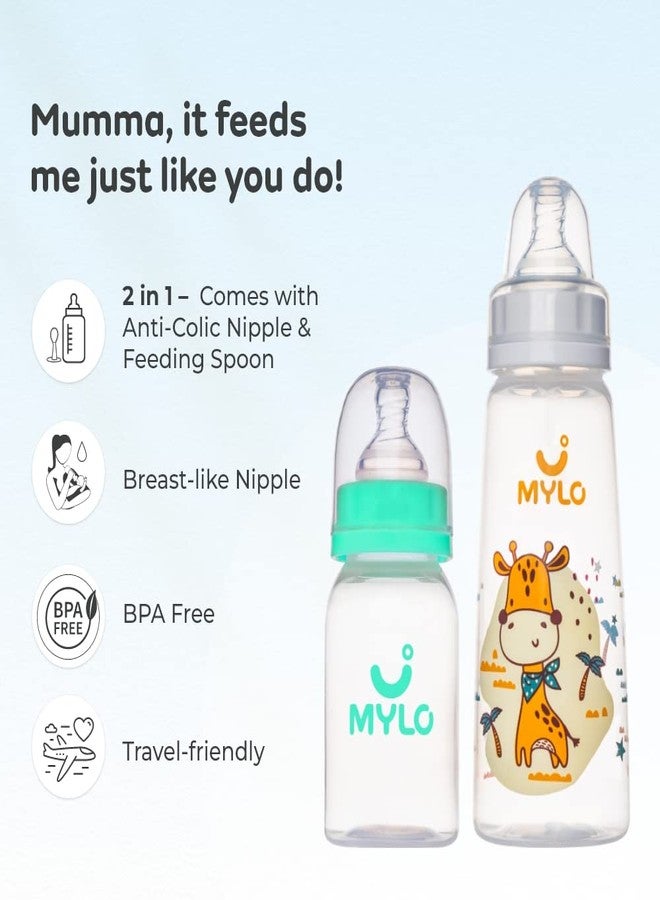 Mylo Baby 2 in 1 Feeding Bottles with Spoon for New Born Baby (125ml + 250ml) | Anti Colic & BPA Free Feeding Bottles | Feels Natural Baby Bottle | Easy Flow Neck Design- Sea Green + Giraffe - Image 2