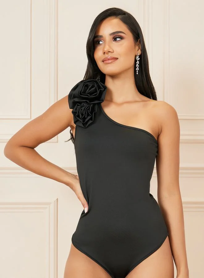 Styli Floral Applique One Shoulder Neck Fitted Bodysuit