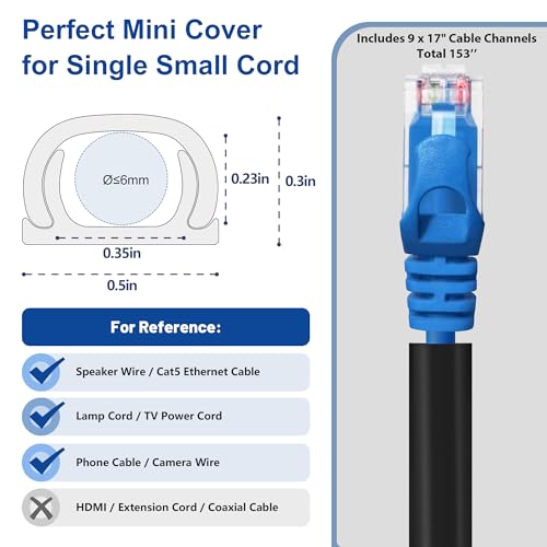 ZhiYo One Cord Cover Wall 153in(9X L17in) - Mini Wire Hider, Wire Cover for Hiding Speaker Wire, Baby Monitor Cord - Paintable Wire Channel for Cable Concealer, W0.5in H0.3in, CMR05 Black - Image 2