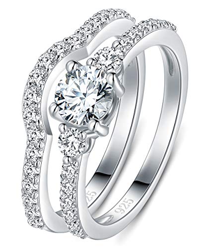 BORUO 925 Sterling Silver Ring, Cubic Zirconia CZ 2pc Wedding Band Stackable Ring Set Size 9 - Image 1