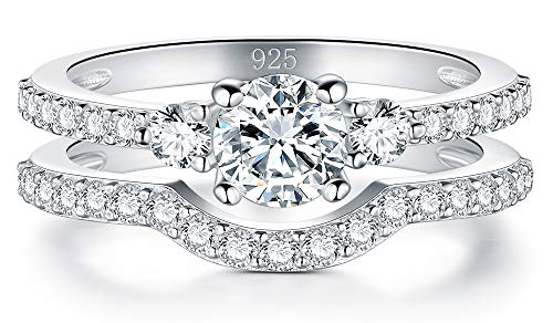 BORUO 925 Sterling Silver Ring, Cubic Zirconia CZ 2pc Wedding Band Stackable Ring Set Size 9 - Image 2