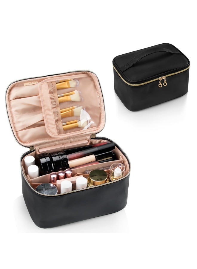 Makeup Bag, Portable Cosmetic Bag, Large Capacity Travel Makeup Case Organizer, Black For Women Toiletry Bag for Girls Traveling With Handle and Divider - Image 1