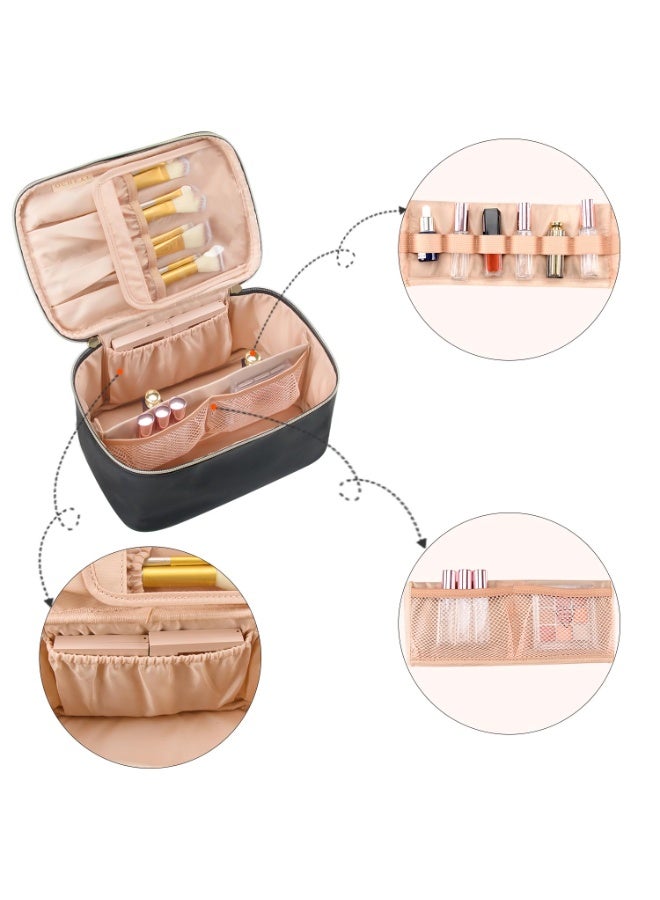 Makeup Bag, Portable Cosmetic Bag, Large Capacity Travel Makeup Case Organizer, Black For Women Toiletry Bag for Girls Traveling With Handle and Divider - Image 3