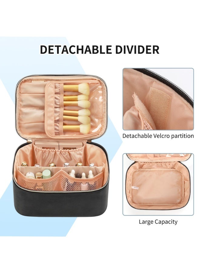 Makeup Bag, Portable Cosmetic Bag, Large Capacity Travel Makeup Case Organizer, Black For Women Toiletry Bag for Girls Traveling With Handle and Divider - Image 2