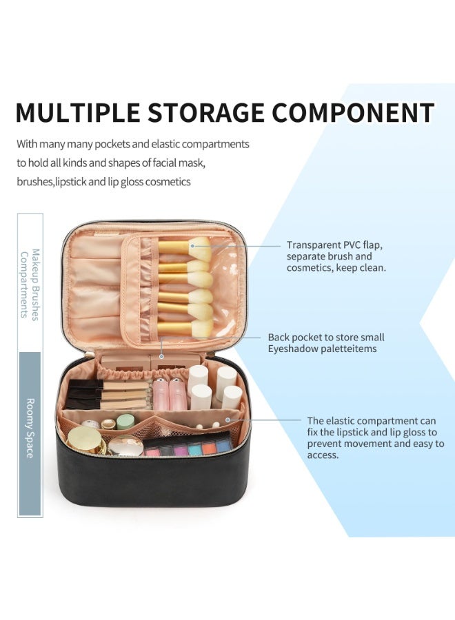 Makeup Bag, Portable Cosmetic Bag, Large Capacity Travel Makeup Case Organizer, Black For Women Toiletry Bag for Girls Traveling With Handle and Divider - Image 4
