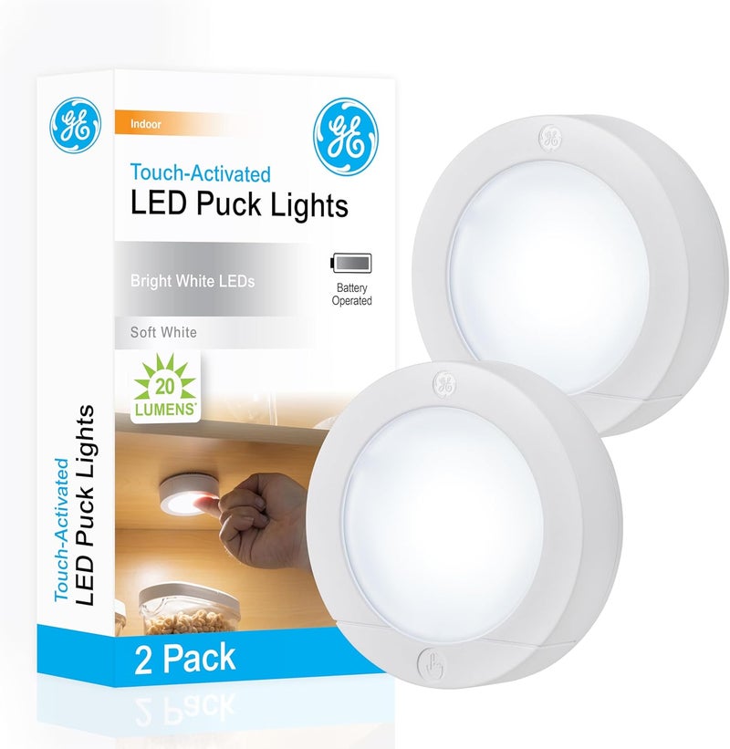 GE Touch Activated LED Puck Lights, 20 Lumens, White, 25434 - Image 1
