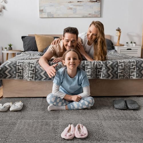 ZENOWICK 12 Pcs Plush Interlocking Carpet Tiles NonToxic Shaggy Foam Carpet Tiles for Toddler Baby AntiSlip EVA Foam Interlocking Tiles for Floor Nursery Playroom Grey - Image 5