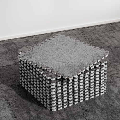 ZENOWICK 12 Pcs Plush Interlocking Carpet Tiles NonToxic Shaggy Foam Carpet Tiles for Toddler Baby AntiSlip EVA Foam Interlocking Tiles for Floor Nursery Playroom Grey - Image 1