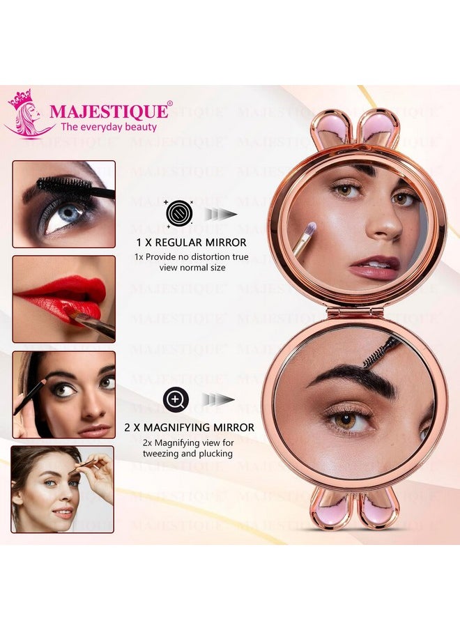 MAJESTIQUE MAJESTIQUE Women Double-Sided Makeup Mirror | Makeup Mirror with Bunny Ear Handle | Compact Mirror for Girls | Portable Mirror for Purse | 1X/2X Magnification Face Mirror for Women 1Pc/Multicolour  - Image 2