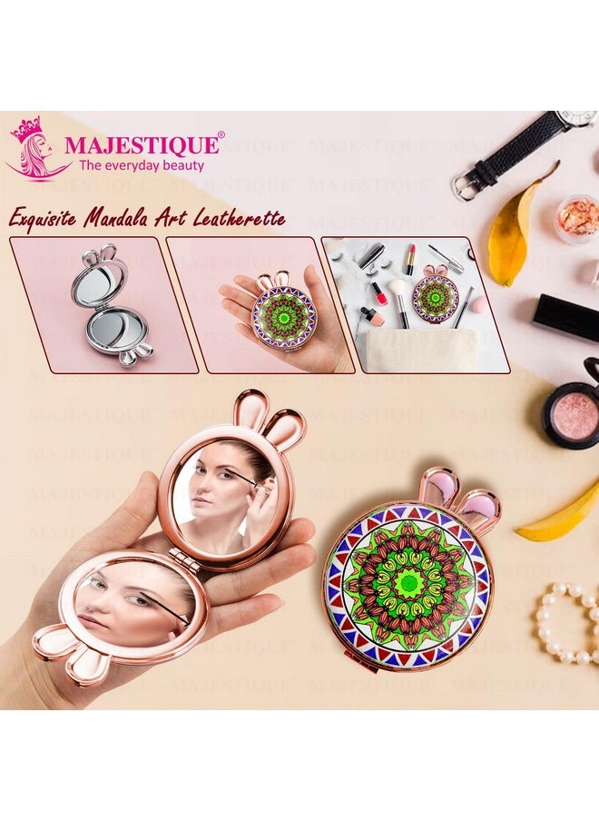 MAJESTIQUE MAJESTIQUE Women Double-Sided Makeup Mirror | Makeup Mirror with Bunny Ear Handle | Compact Mirror for Girls | Portable Mirror for Purse | 1X/2X Magnification Face Mirror for Women 1Pc/Multicolour  - Image 3