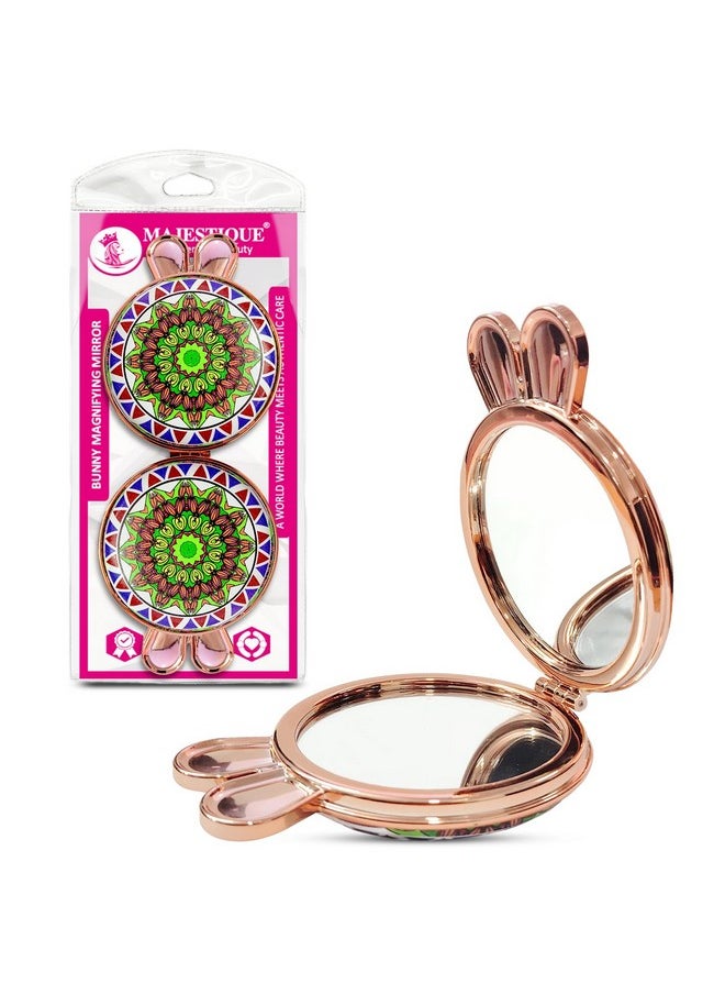 MAJESTIQUE MAJESTIQUE Women Double-Sided Makeup Mirror | Makeup Mirror with Bunny Ear Handle | Compact Mirror for Girls | Portable Mirror for Purse | 1X/2X Magnification Face Mirror for Women 1Pc/Multicolour  - Image 1