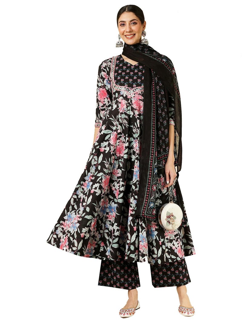 Kimayra Women's Cotton Calf Length Printed & Embroidered Flared Sweet Heart Neck Kurta Suit Set (KIM8003PC3BLACK_S, Black) - Image 5