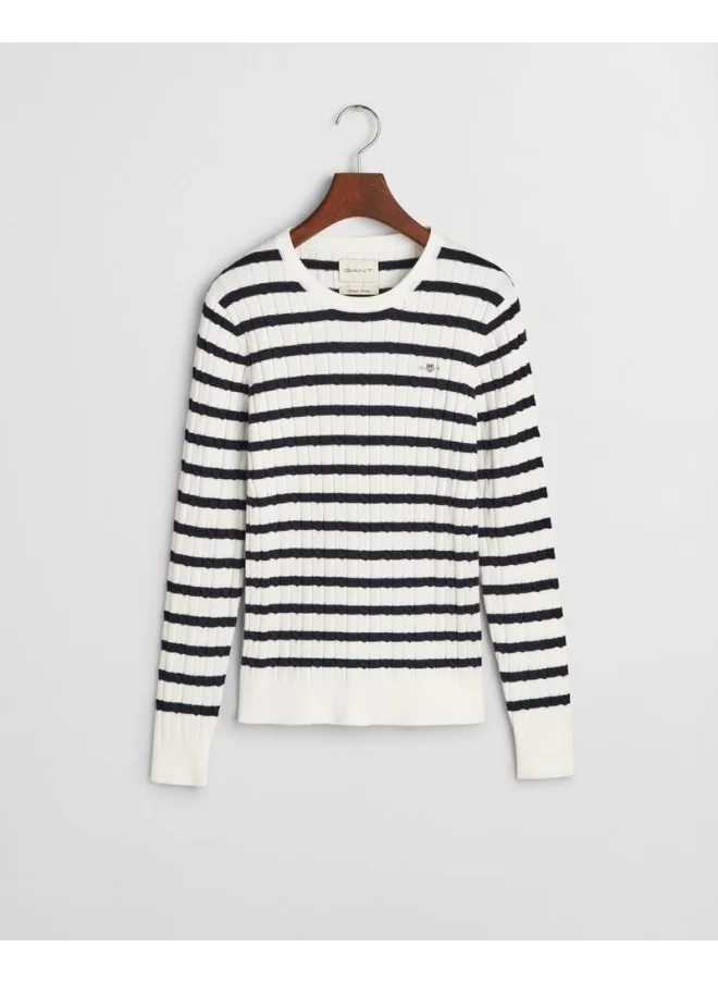 غانت Striped Stretch Cotton Cable Knit Crew Neck Sweater