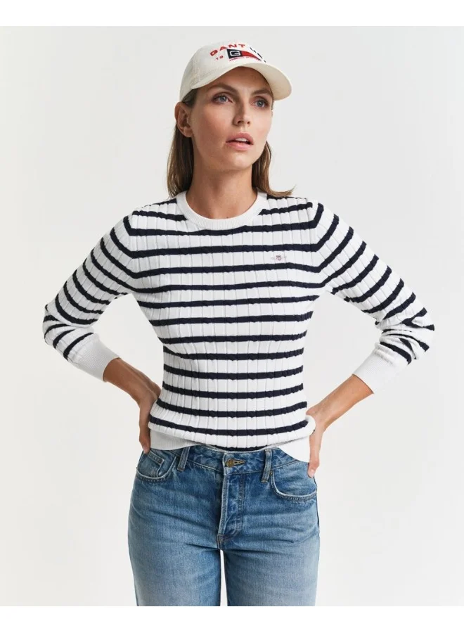 GANT Striped Stretch Cotton Cable Knit Crew Neck Sweater