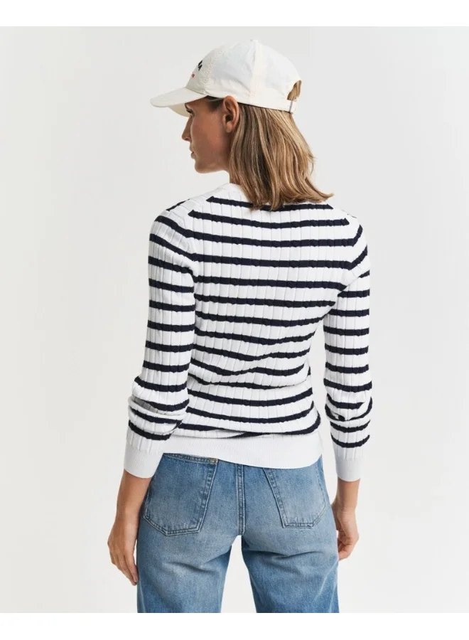 GANT Striped Stretch Cotton Cable Knit Crew Neck Sweater