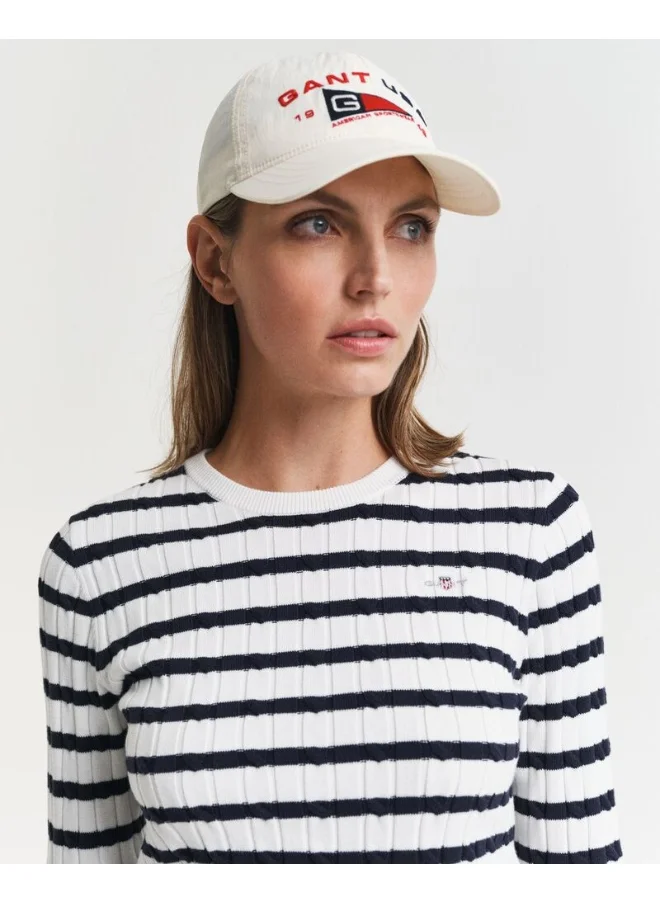 غانت Striped Stretch Cotton Cable Knit Crew Neck Sweater