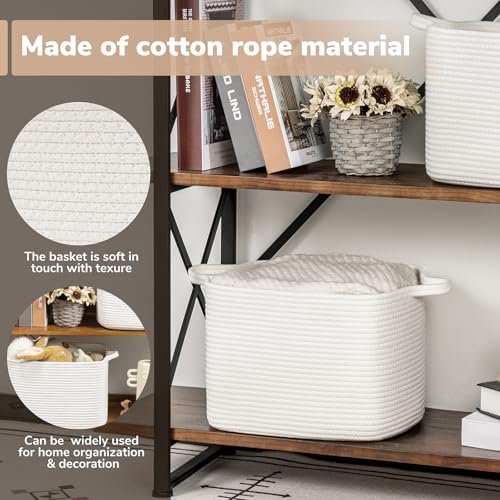 Goodpick White Woven Rope Basket with Handles, Medium Rectangle Basket for Books, Toys, Towels, Square Decorative Baskets for Living Room, Nursery, Shelf Baskets for Bedroom, 13" x 10" x 9" - Image 4