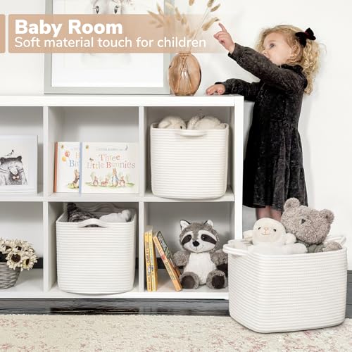 Goodpick White Woven Rope Basket with Handles, Medium Rectangle Basket for Books, Toys, Towels, Square Decorative Baskets for Living Room, Nursery, Shelf Baskets for Bedroom, 13" x 10" x 9" - Image 3