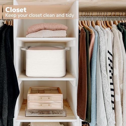 Goodpick White Woven Rope Basket with Handles, Medium Rectangle Basket for Books, Toys, Towels, Square Decorative Baskets for Living Room, Nursery, Shelf Baskets for Bedroom, 13" x 10" x 9" - Image 5