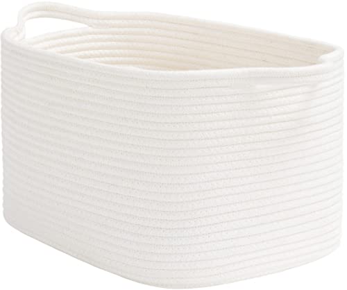 Goodpick White Woven Rope Basket with Handles, Medium Rectangle Basket for Books, Toys, Towels, Square Decorative Baskets for Living Room, Nursery, Shelf Baskets for Bedroom, 13" x 10" x 9" - Image 1