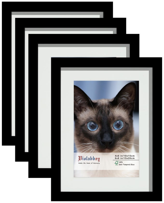 6x8 Picture Frame Black Photo Frame Set of 4 Display 4x6 Photo with Mat and 6x8 without Mat Wall or Tabletop HD Real Glass